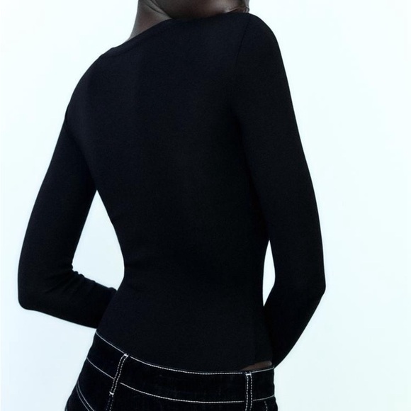 Zara Black Long Sleeve Bodysuit Ribbed Knit Double Snap Sz Medium - Picture 9 of 9